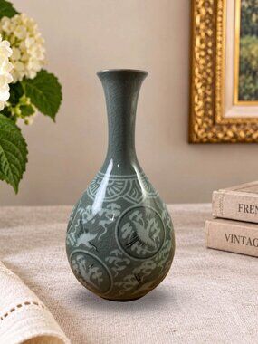 Vintage Korean Celadon Crane Vase Signed Goryeo Style Green Crackle Glaze Potter